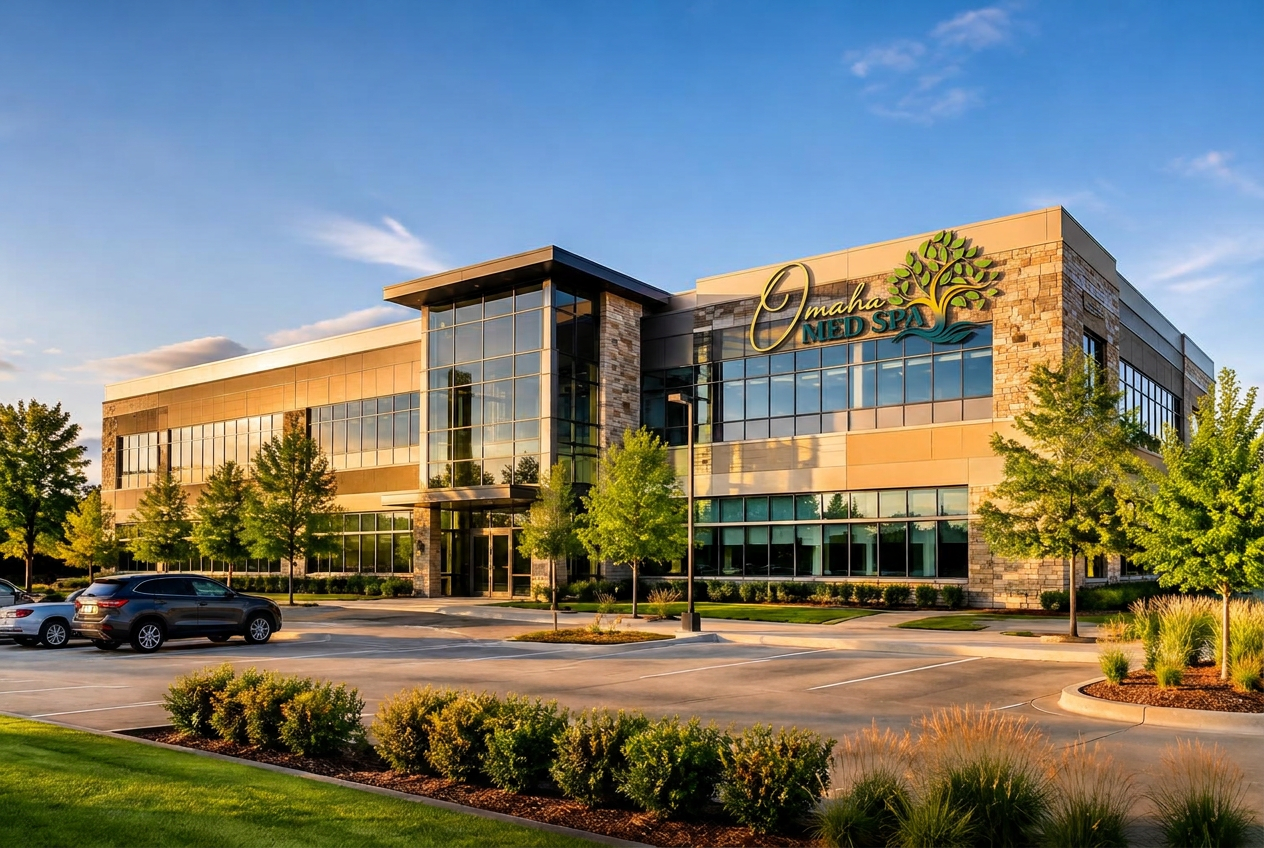 Exterior building and parking at Omaha Med Spa 16909 Lakeside Hills Ct West Omaha