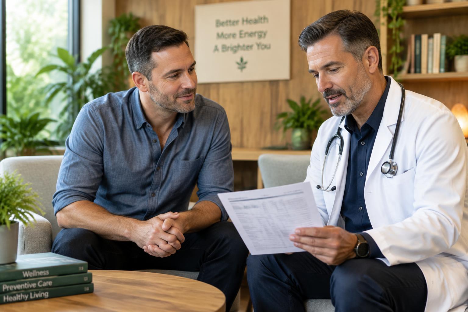 Doctor reviewing lab work with patient at mens testosterone clinic in Omaha NE